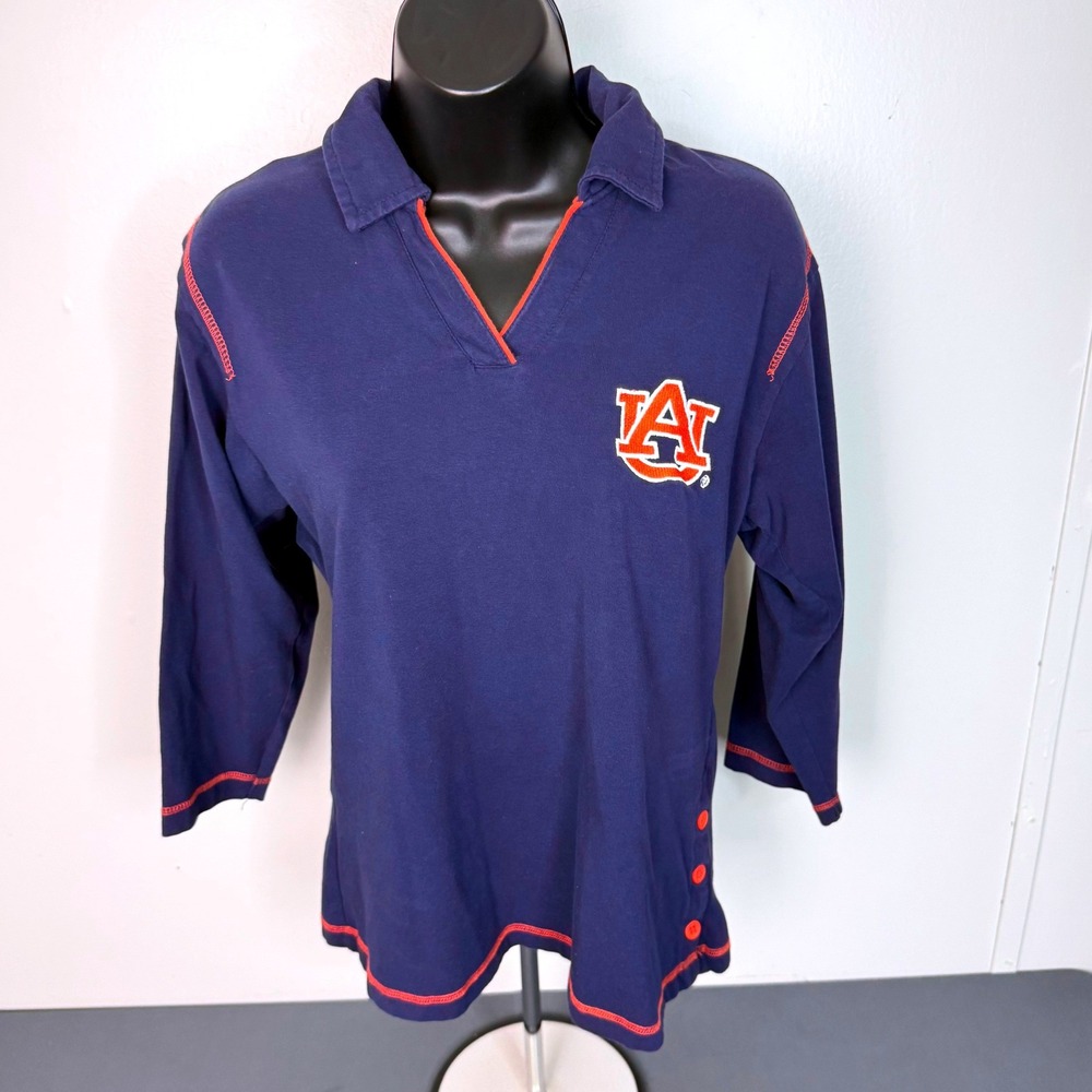 Logo Athletic Shirt Womens Large Auburn Tigers Navy Orange V-Neck Long Sleeve